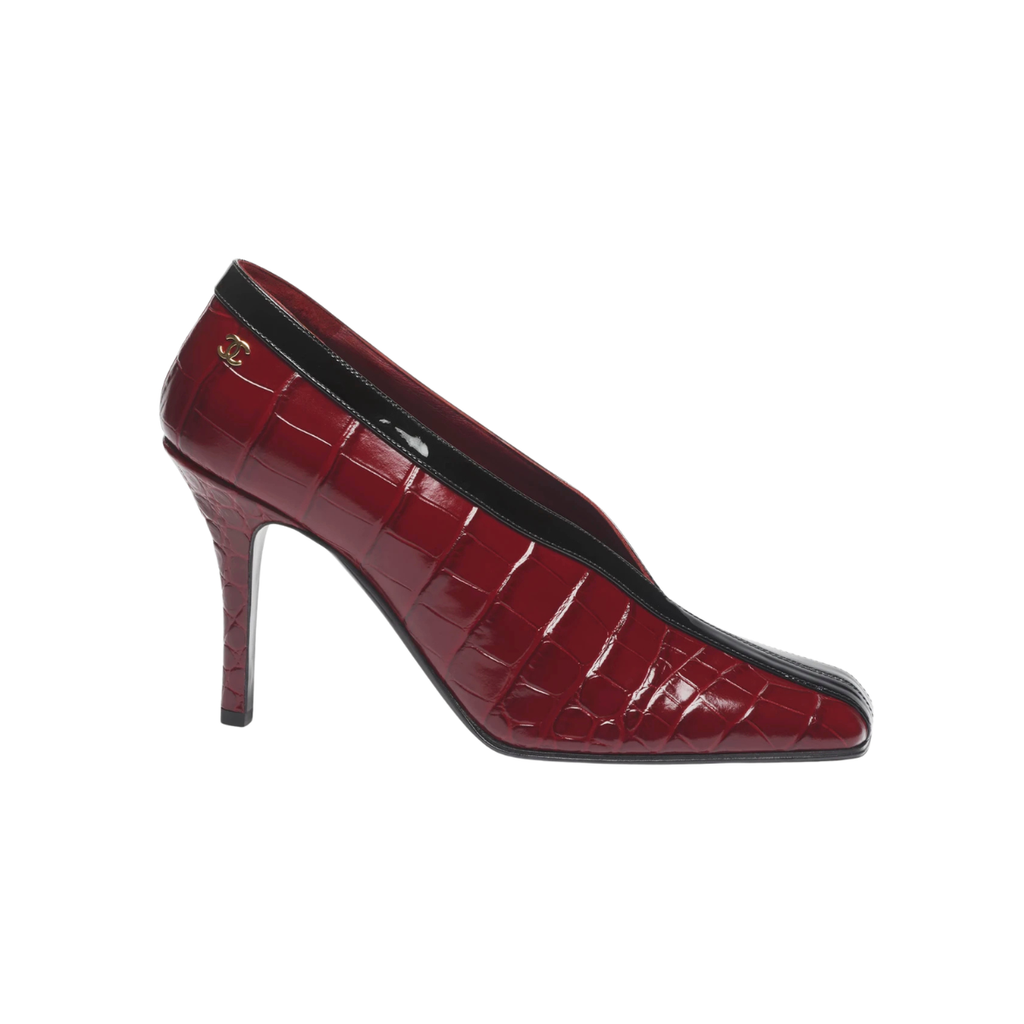 Chanel Crocodile Embossed Pumps Burgundy & Black