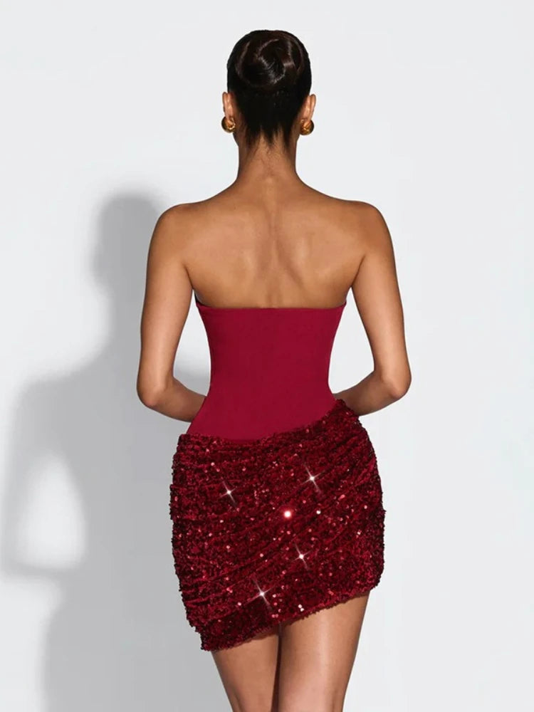 2026 Strapless Sequin Party Dress – Off-Shoulder Bandage Mini Gown