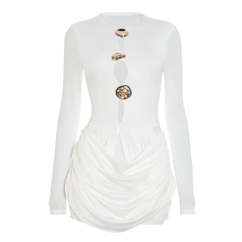 Elegant Ruched Mini Dress with Metal Detail – Long Sleeve Party Dress