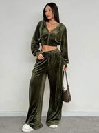 Velvet Zip-Up Sweatshirt & Pants Set