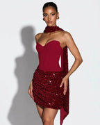 2026 Strapless Sequin Party Dress – Off-Shoulder Bandage Mini Gown
