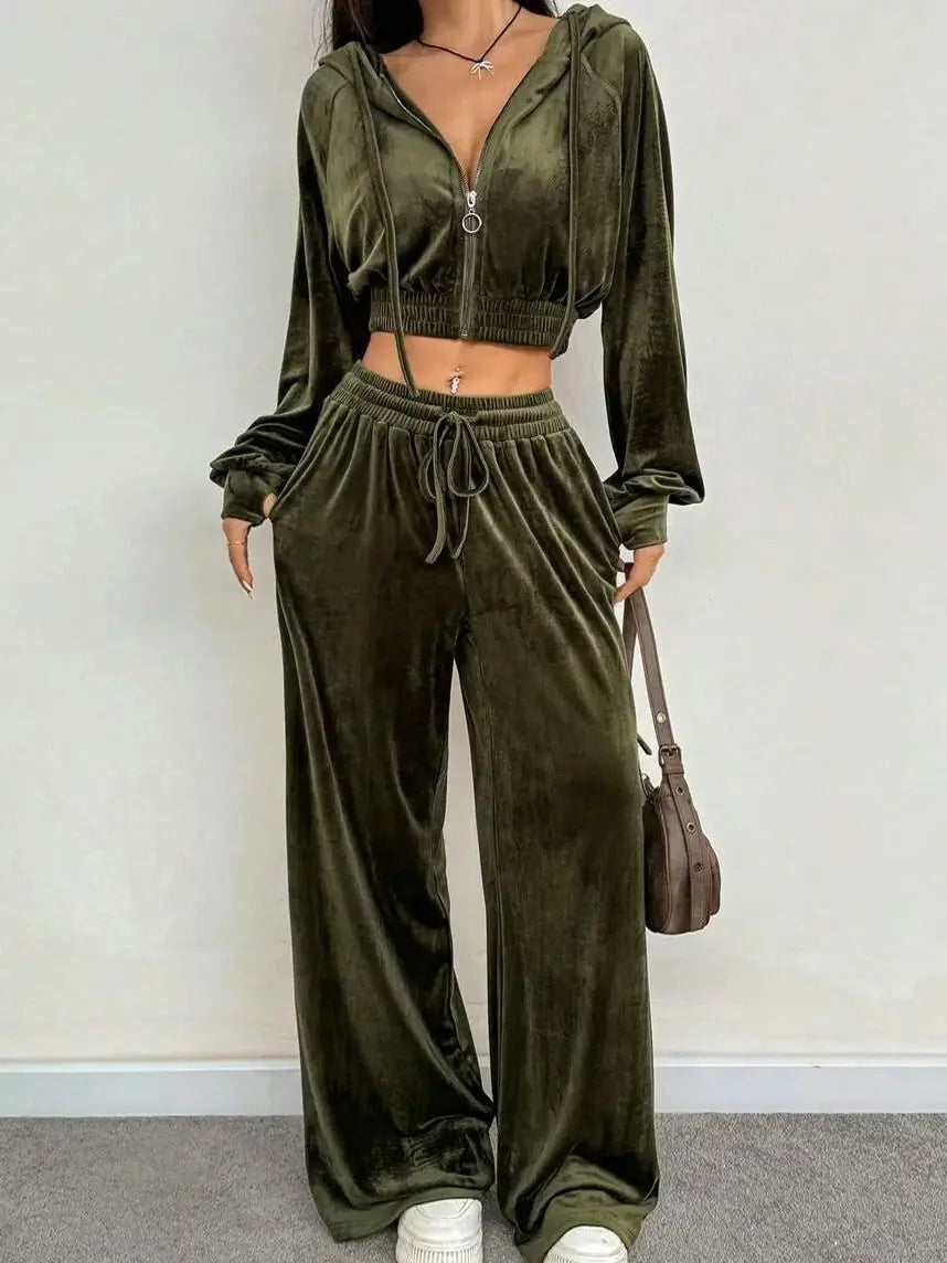Velvet Zip-Up Sweatshirt & Pants Set