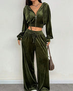 Velvet Zip-Up Sweatshirt & Pants Set