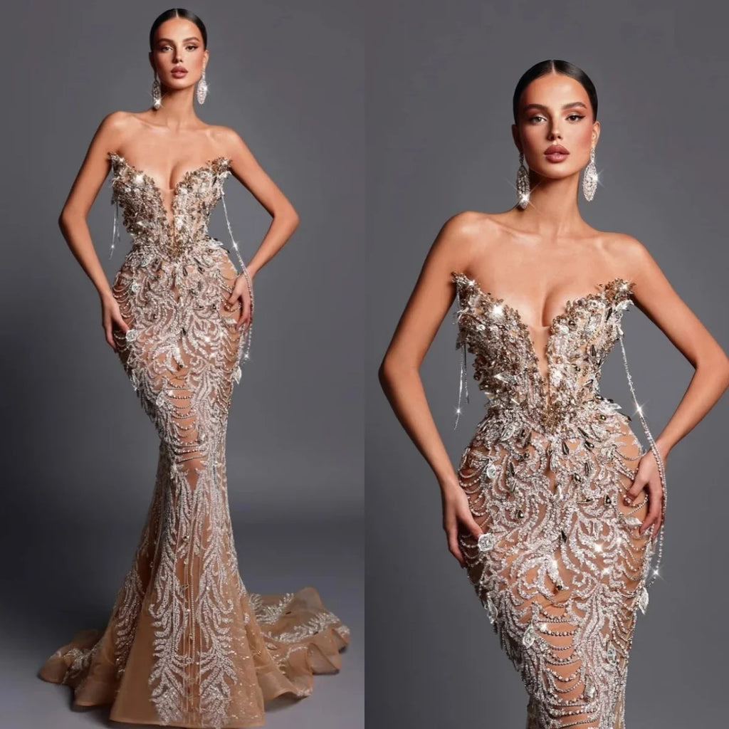 Luxury Strapless Sequined Prom Dress – Beaded Crystal Evening Gown