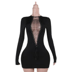 Women’s Deep V-Neck Hollow-Out Bodycon Mini Dress – Long Sleeve Party Wear