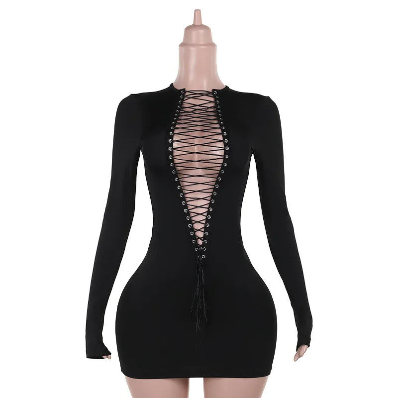 Women’s Deep V-Neck Hollow-Out Bodycon Mini Dress – Long Sleeve Party Wear