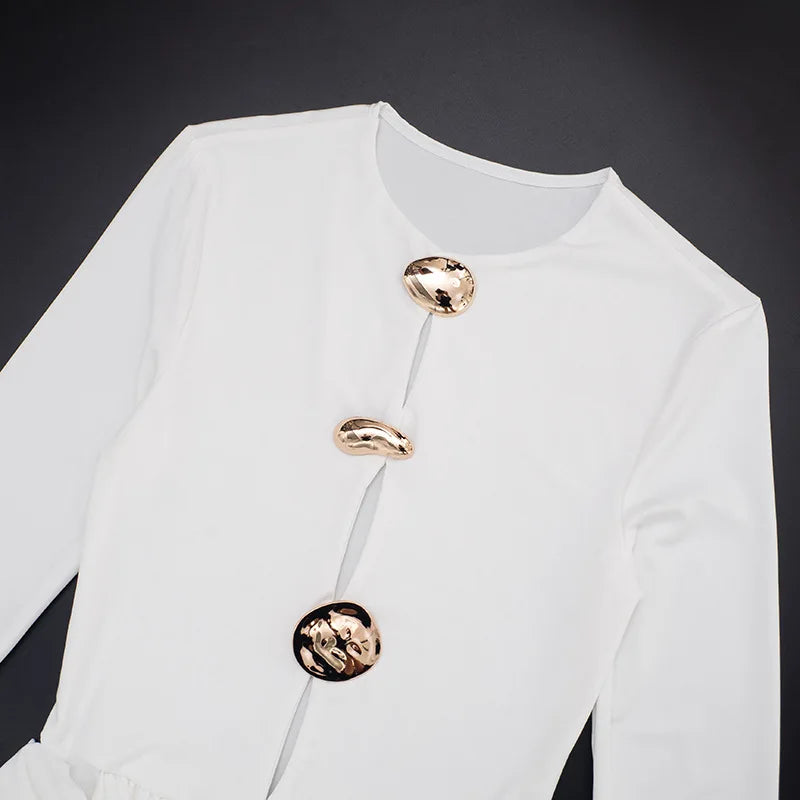 Elegant Ruched Mini Dress with Metal Detail – Long Sleeve Party Dress