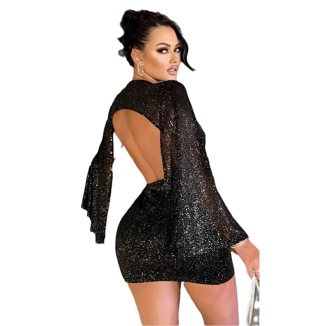 Women’s Backless Bodycon Mini Dress – Long Sleeve Slit Party Dress
