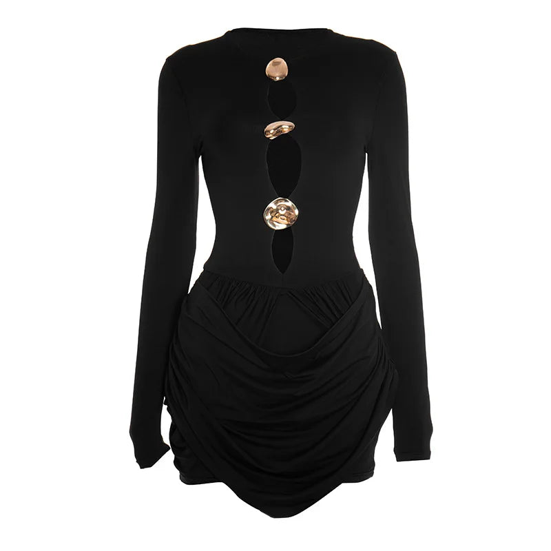 Elegant Ruched Mini Dress with Metal Detail – Long Sleeve Party Dress