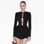 Elegant Ruched Mini Dress with Metal Detail – Long Sleeve Party Dress