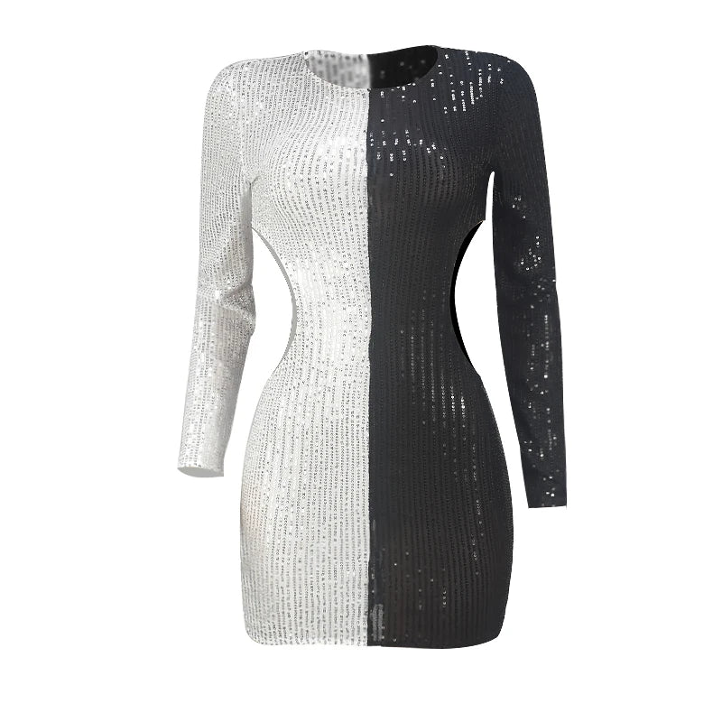 Color Block Hollow-Out Long Sleeve Mini Dress