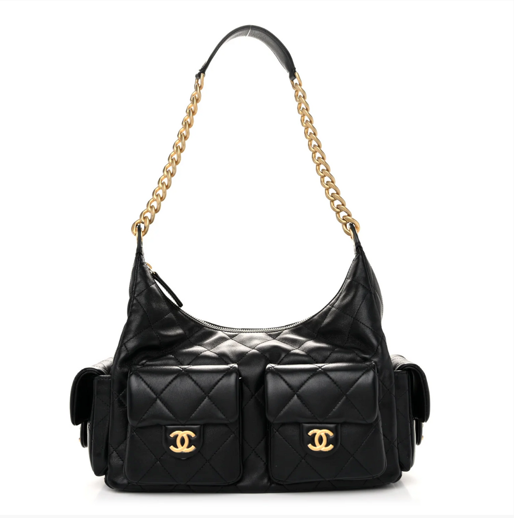 Chanel Shiny Lambskin Quilted Trendy Pockets Hobo Black