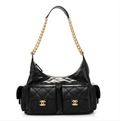 Chanel Shiny Lambskin Quilted Trendy Pockets Hobo Black