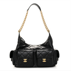 Chanel Shiny Lambskin Quilted Trendy Pockets Hobo Black