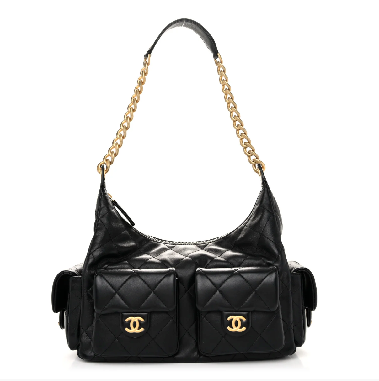 Chanel Shiny Lambskin Quilted Trendy Pockets Hobo Black