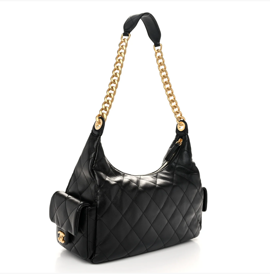 Chanel Shiny Lambskin Quilted Trendy Pockets Hobo Black
