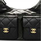 Chanel Shiny Lambskin Quilted Trendy Pockets Hobo Black