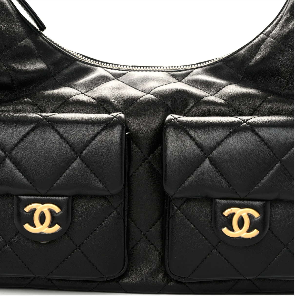 Chanel Shiny Lambskin Quilted Trendy Pockets Hobo Black