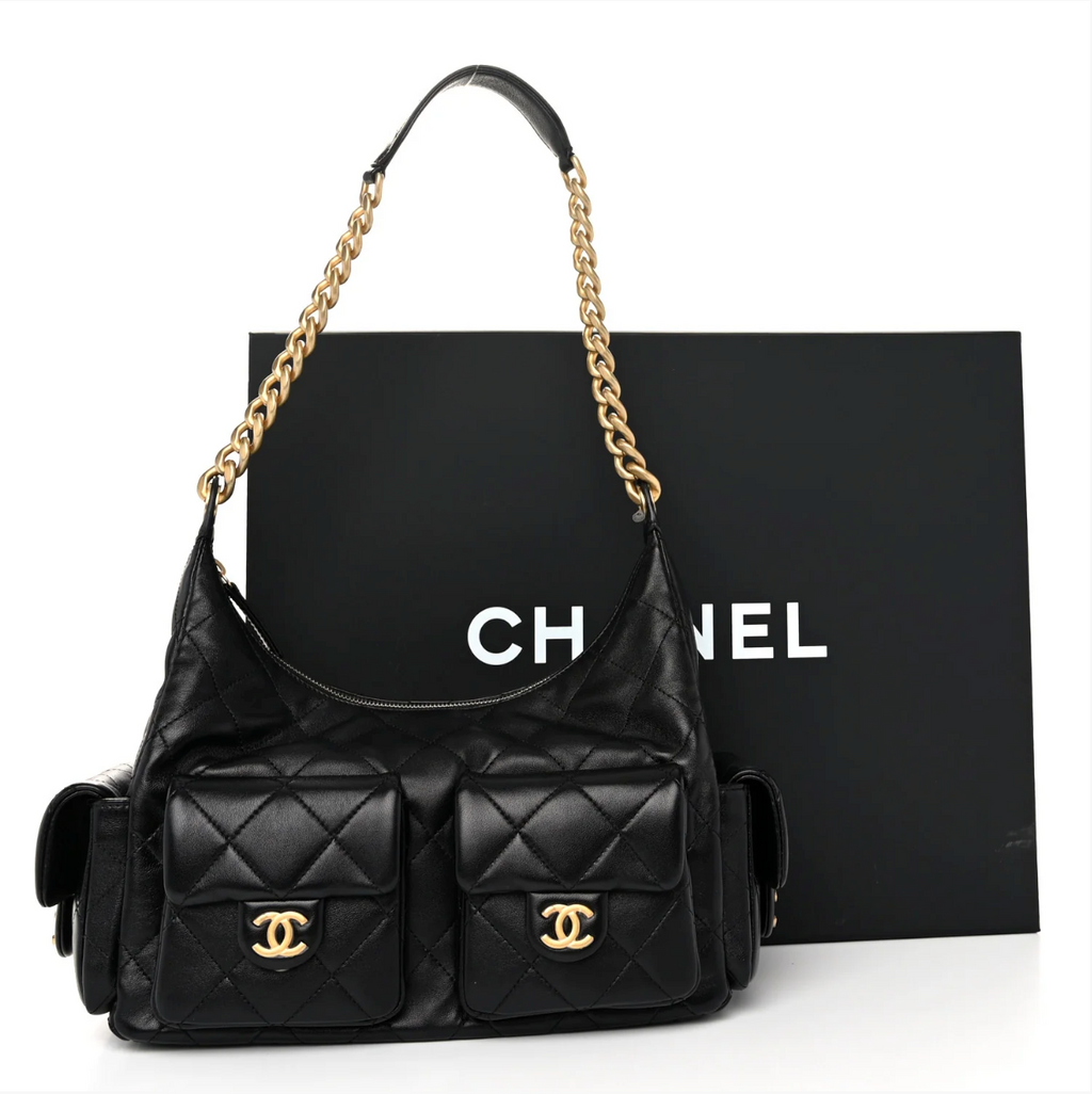 Chanel Shiny Lambskin Quilted Trendy Pockets Hobo Black