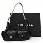 Chanel Shiny Lambskin Quilted Trendy Pockets Hobo Black