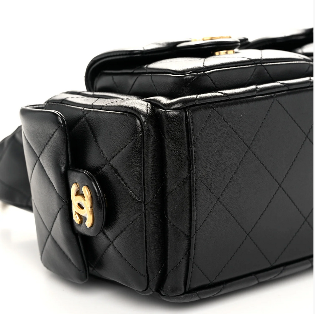 Chanel Shiny Lambskin Quilted Trendy Pockets Hobo Black