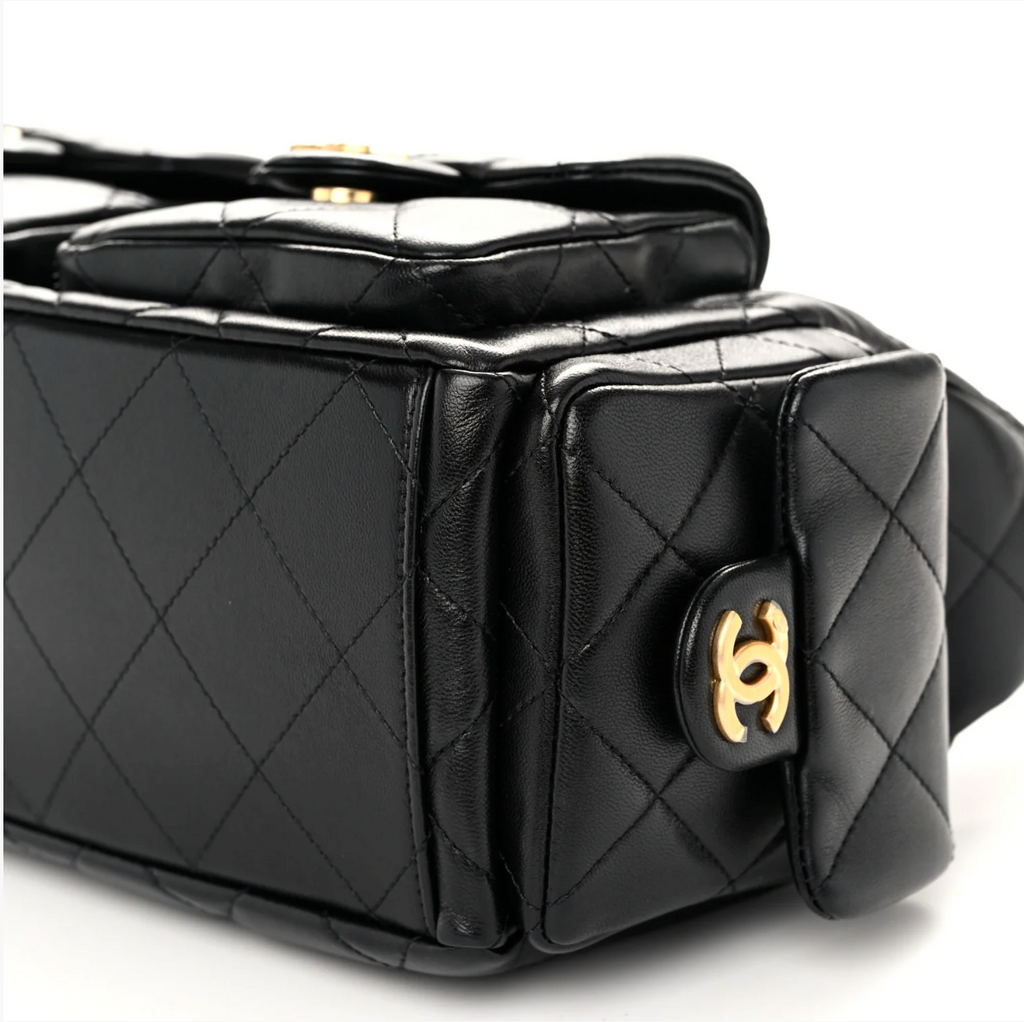 Chanel Shiny Lambskin Quilted Trendy Pockets Hobo Black