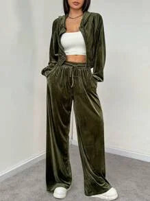 Velvet Zip-Up Sweatshirt & Pants Set