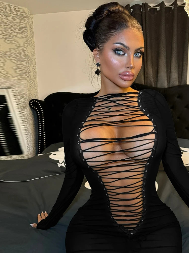 Women’s Deep V-Neck Hollow-Out Bodycon Mini Dress – Long Sleeve Party Wear