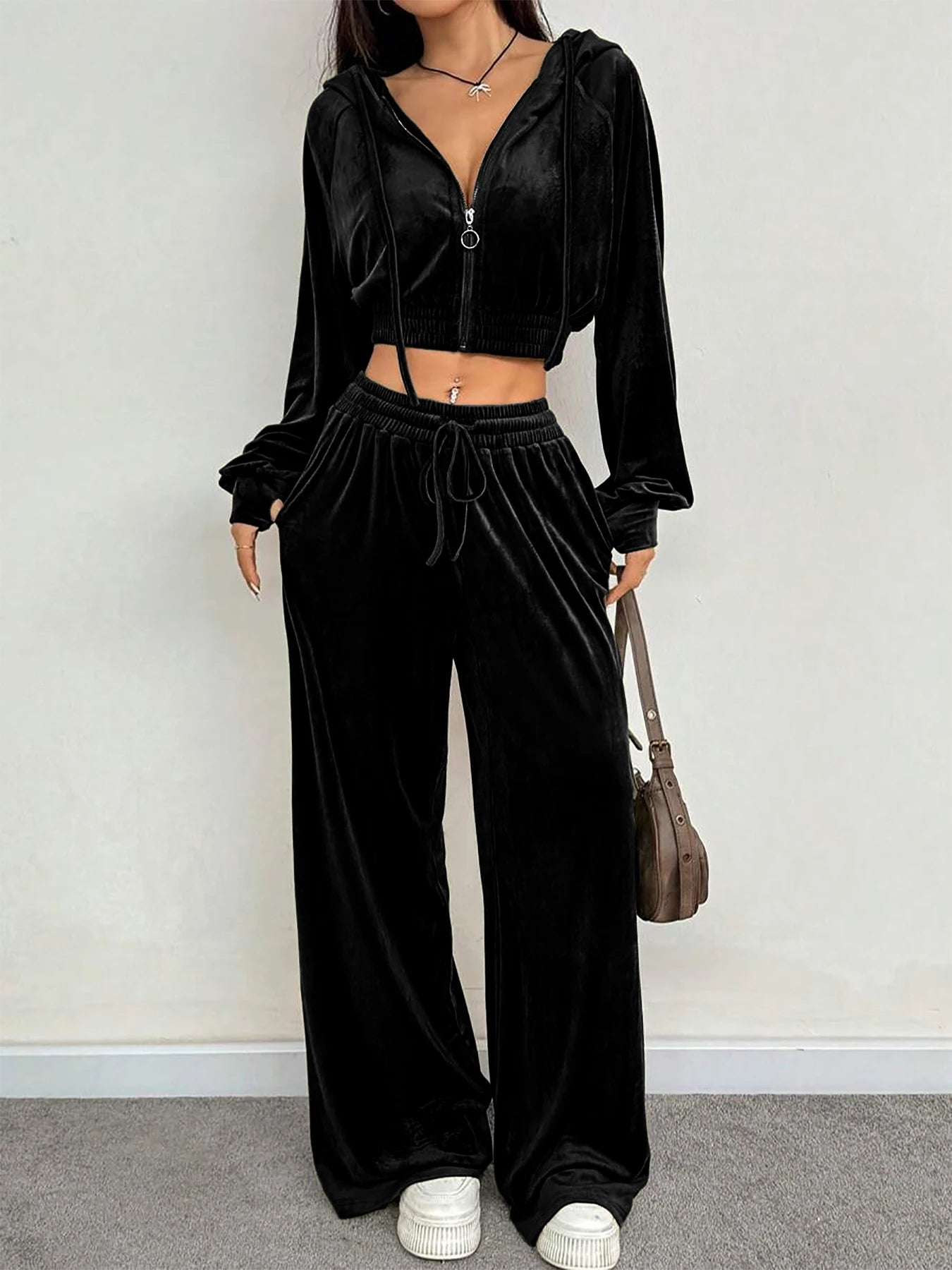 Velvet Zip-Up Sweatshirt & Pants Set