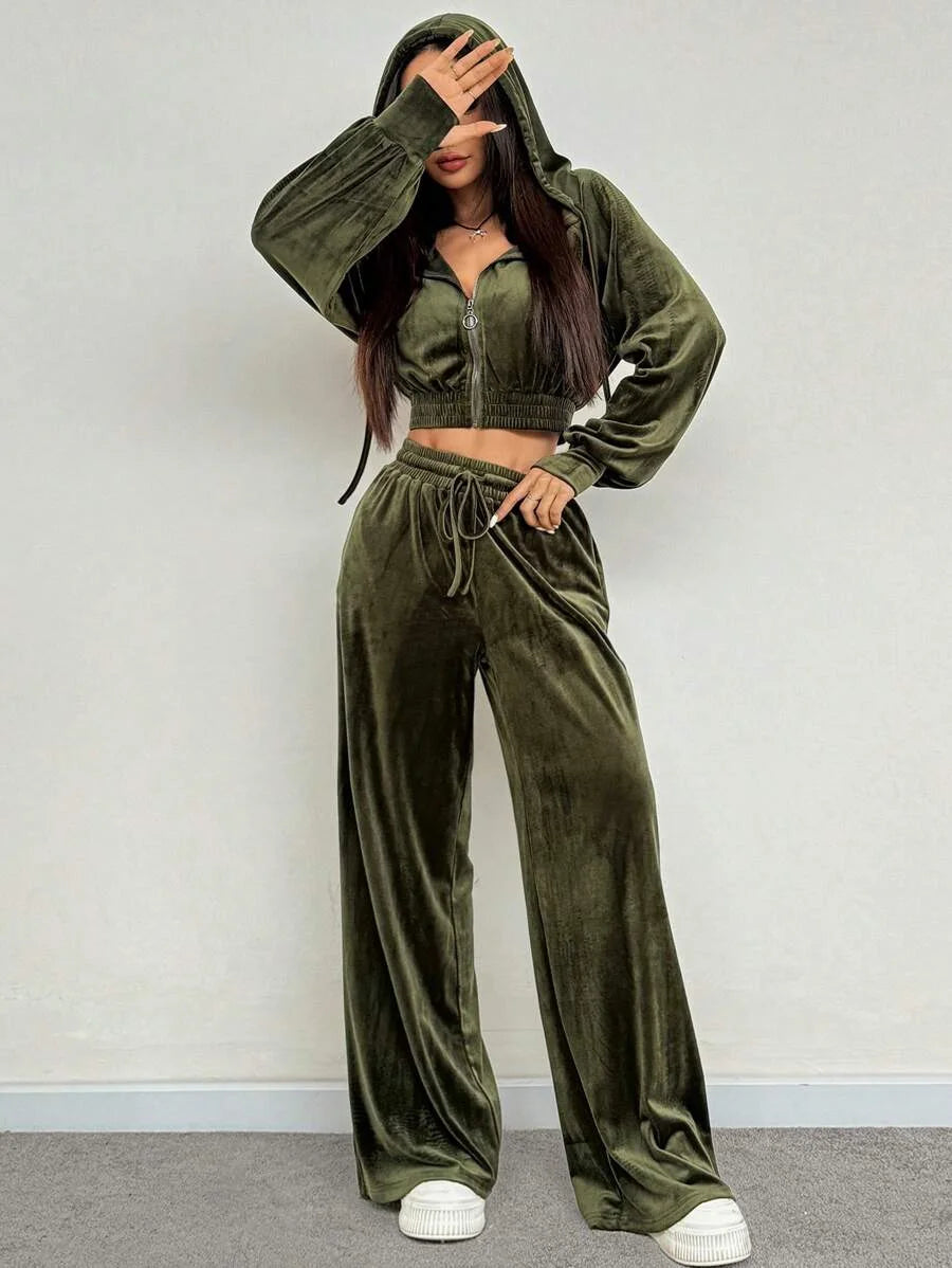 Velvet Zip-Up Sweatshirt & Pants Set