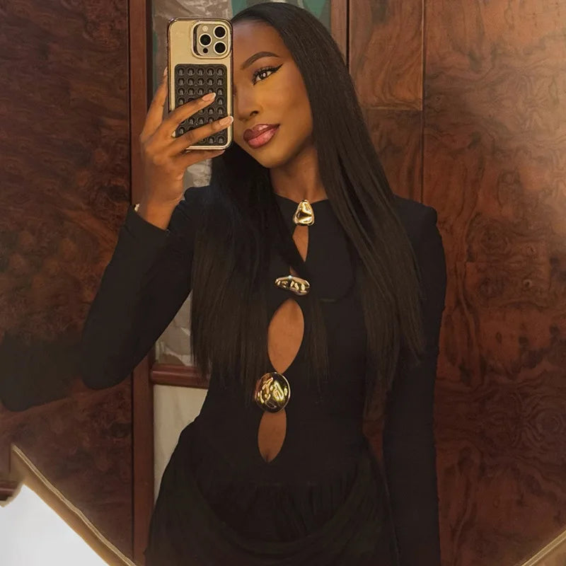 Elegant Ruched Mini Dress with Metal Detail – Long Sleeve Party Dress